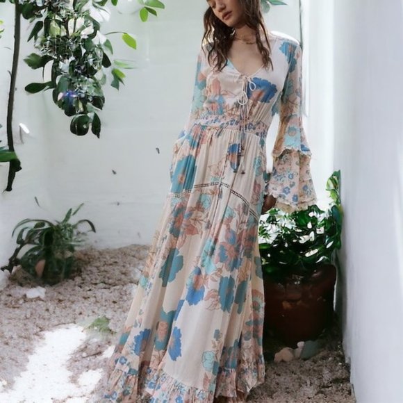 Free People Dresses & Skirts - Free People Penny Printed Maxi Bodysuit Bell Sleeve Boho Dress